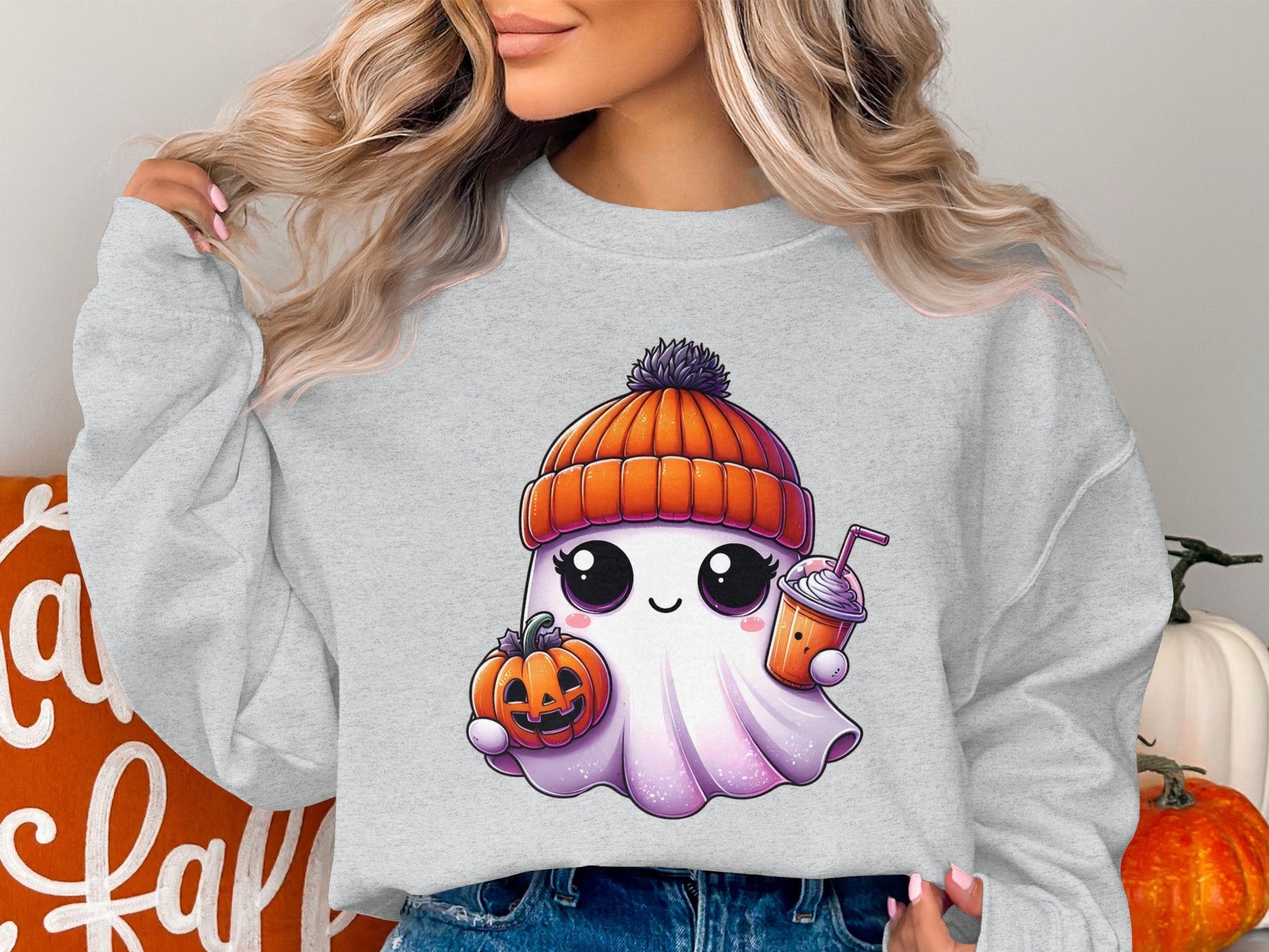 Cute Ghost with Pumpkin and Drink Sweatshirt product